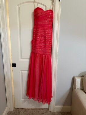 La Femme Strapless Orange/Tomato Red Sequin Bodice Gown